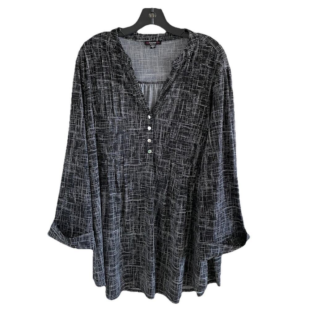 COCOMO Womens 3/4 Sleeve Top Pin Tuck Tunic 3X Black White Abstract Flowy